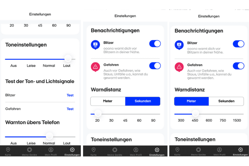 Unterschiedliche Funktionen und Einstellungen zum Ooono Co-Driver No1 Verkehrsalarm werden in der App gezeigt